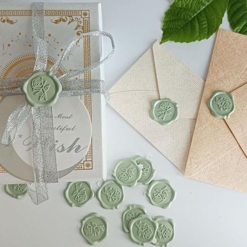 Pilloze 50 Pcs Adhesive Green Rose Wax Seal Stickers, Adhesive and Easy to Use Green Rose Envelope Stickers, Rose Seal for Wedding Invitation or Envelopes, Scrapbooking - Image 4